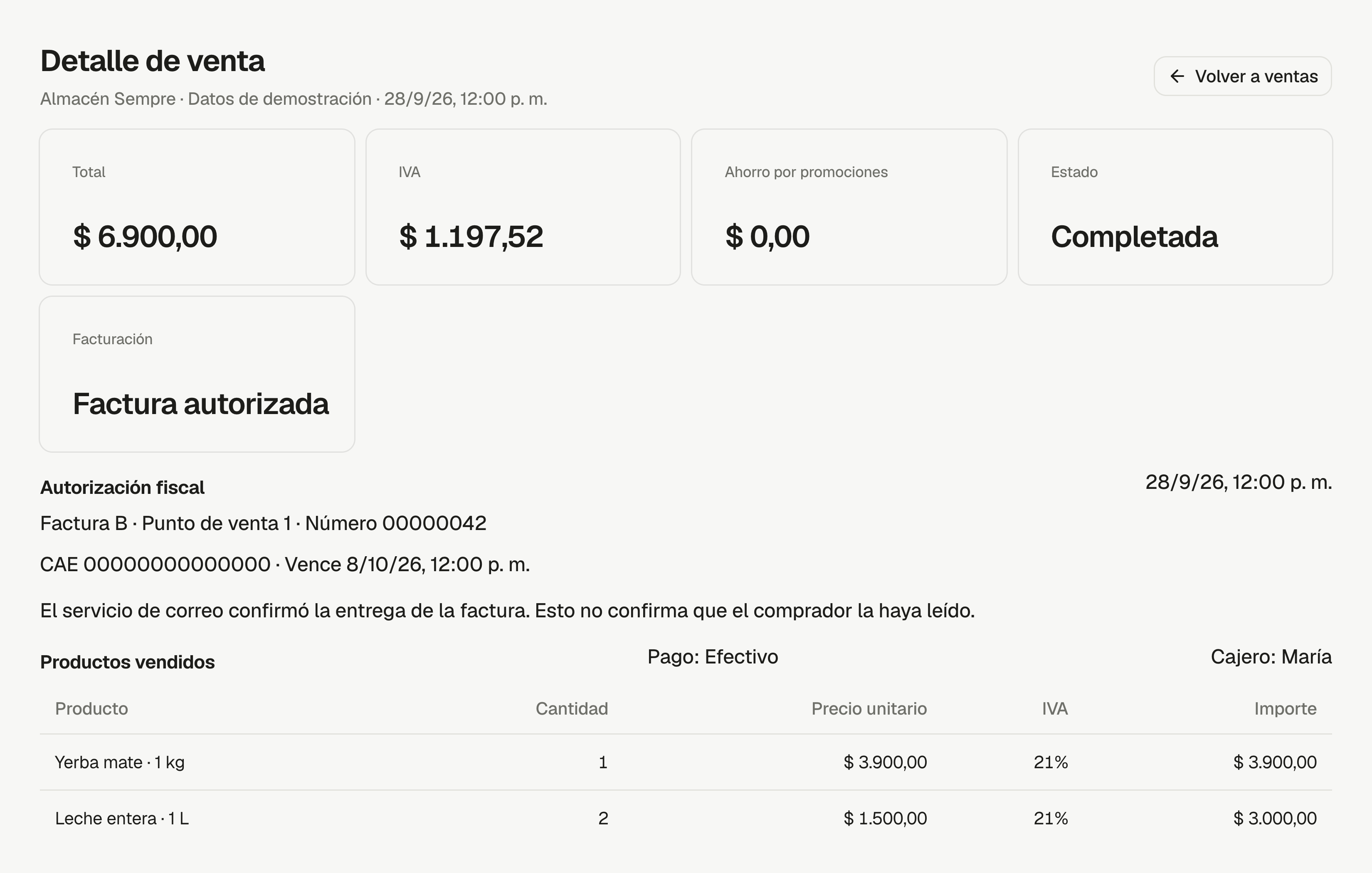 Ejemplo de una venta con factura autorizada. Datos y autorización fiscal de demostración.