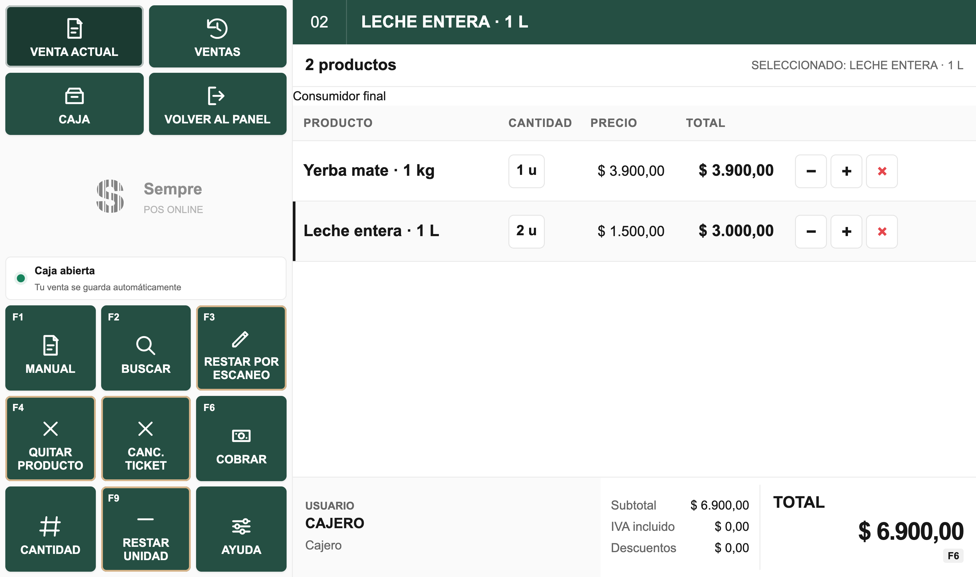 Venta en POS Online con productos y total listo para cobrar. Datos de demostración.