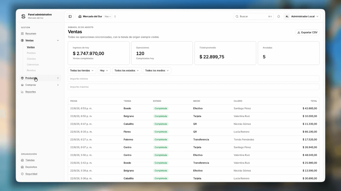 Listado de ventas con estado, medio de pago, cajero e importe. Datos de demostración.